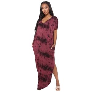 Fashion Nova Tie Dye Maxi Dress in Burgundy/Black, Sz M